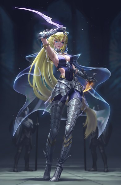 Anime picture 2480x3796 with dark souls (series) dark souls from software xzu long hair tall image looking at viewer blush fringe highres breasts blue eyes light erotic blonde hair hair between eyes large breasts standing holding cleavage full body