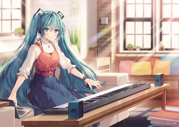 Anime picture 1000x707 with vocaloid hatsune miku necomi (gussan) single long hair looking at viewer blush fringe smile hair between eyes sitting payot indoors aqua eyes sunlight blurry aqua hair depth of field alternate costume sunbeam