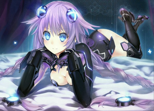 Anime picture 1502x1080 with choujigen game neptune purple heart uzuki aoki single long hair looking at viewer blush breasts blue eyes light erotic smile cleavage purple hair lying braid (braids) on stomach hands on face girl hair ornament bed