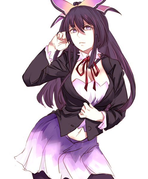 Anime picture 1369x1650 with date a live yatogami tooka chibibro single long hair tall image fringe breasts simple background white background purple eyes purple hair girl skirt navel ribbon (ribbons)