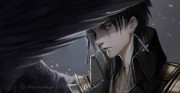 Anime picture 1400x724 with original myme1 single long hair looking at viewer black hair wide image signed upper body profile grey background watermark scar shaded face black wings silver eyes asymmetrical hair boy earrings wings