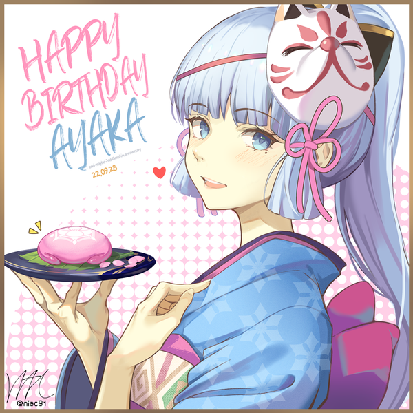 Anime picture 1000x1000 with genshin impact kamisato ayaka niac single long hair looking at viewer open mouth blue eyes holding blue hair ponytail traditional clothes :d japanese clothes mole character names mole under eye border dated happy birthday