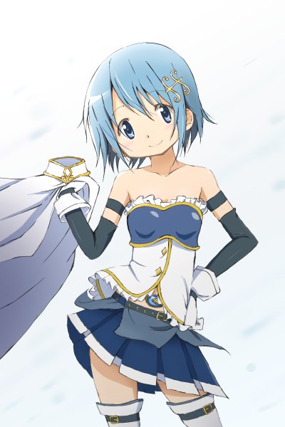 Anime picture 800x1200 with mahou shoujo madoka magica shaft (studio) miki sayaka kinfuji single tall image looking at viewer blush short hair blue eyes simple background smile white background bare shoulders holding blue hair pleated skirt wind bare belly hand on hip