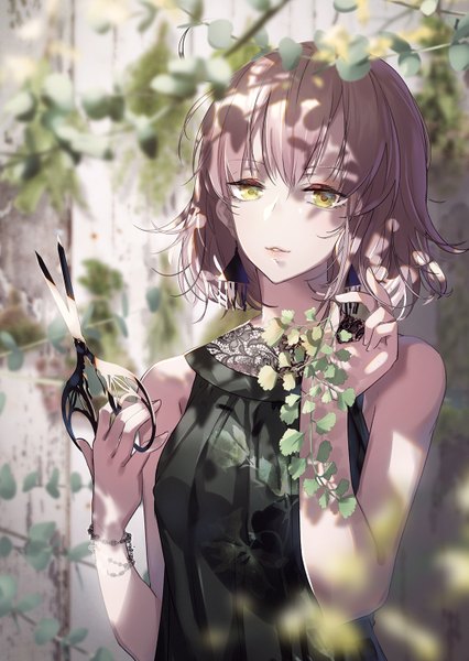 Anime picture 1064x1500 with fate (series) fate/grand order jeanne d'arc (fate) (all) jeanne d'arc alter (fate) tsurukame single tall image looking at viewer fringe short hair hair between eyes bare shoulders holding yellow eyes silver hair upper body outdoors parted lips blurry sleeveless