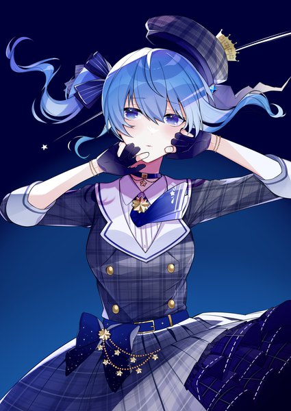 Anime picture 2507x3541 with virtual youtuber hololive hoshimachi suisei hoshimachi suisei (1st costume) uehara (dormmmmir ) single long hair tall image looking at viewer fringe highres simple background hair between eyes blue hair side ponytail girl dress gloves choker star (symbol)