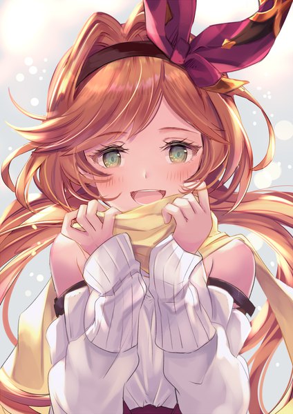 Anime picture 848x1200 with granblue fantasy clarisse (granblue fantasy) aoi (kirabosi105) single long hair tall image looking at viewer blush open mouth simple background smile brown hair green eyes upper body :d off shoulder sleeves past wrists girl bow hair bow