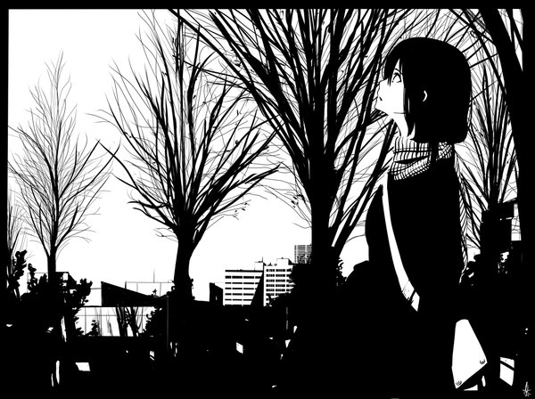 Anime picture 2141x1600 with original tagme (artist) single long hair highres looking away sky city monochrome looking up autumn girl plant (plants) tree (trees) scarf bag coat