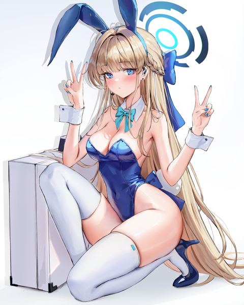 Anime picture 3000x3750 with blue archive toki (blue archive) toki (bunny) (blue archive) jademoon single tall image looking at viewer blush fringe highres breasts blue eyes light erotic simple background blonde hair large breasts white background bare shoulders animal ears cleavage
