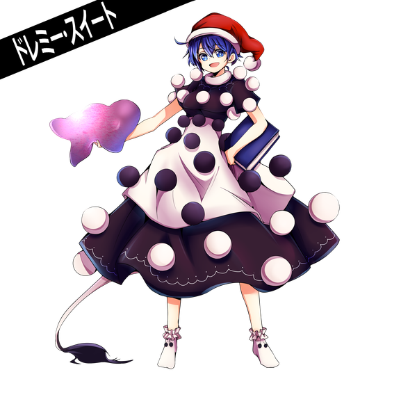 Anime picture 3883x3678 with touhou doremy sweet baba (baba seimaijo) single looking at viewer highres short hair open mouth blue eyes standing blue hair absurdres tail animal tail no shoes fur trim character names hand on hip transparent background girl