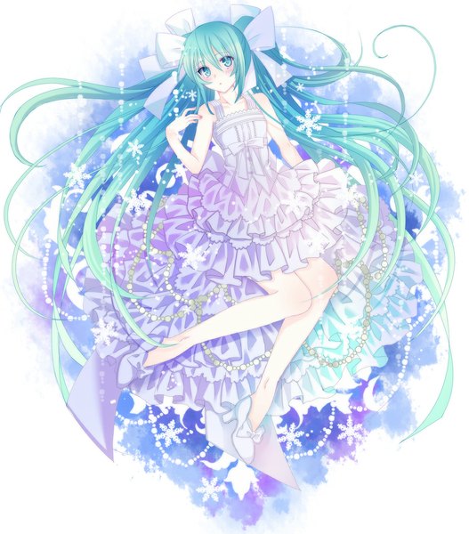 Anime picture 1000x1139 with vocaloid hatsune miku nozomi fuuten single tall image blush open mouth twintails very long hair aqua eyes aqua hair girl dress bow hair bow snowflake (snowflakes)