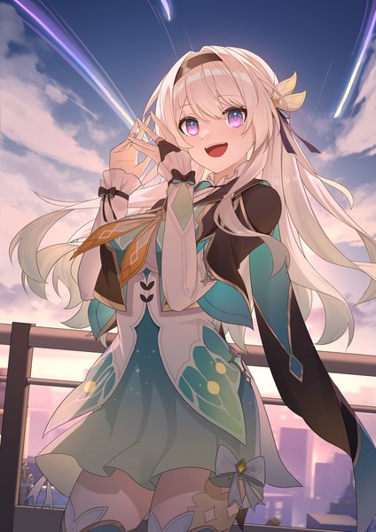Anime picture 2283x3232 with honkai: star rail honkai (series) firefly (honkai: star rail) sye- single long hair tall image looking at viewer fringe highres open mouth hair between eyes purple eyes sky silver hair cloud (clouds) :d fingers together girl headband