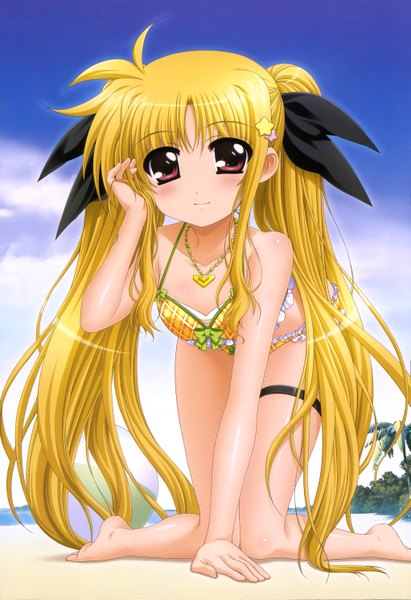 Anime picture 4081x5946 with mahou shoujo lyrical nanoha nyantype fate testarossa single long hair tall image looking at viewer highres blonde hair red eyes twintails absurdres official art loli girl bow swimsuit hair bow bikini