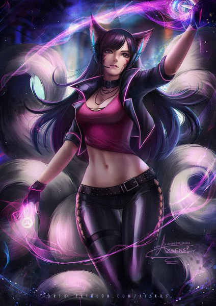 Anime picture 848x1200 with league of legends ahri (league of legends) axsen single long hair tall image fringe breasts light erotic black hair purple eyes signed animal ears cleavage tail nail polish head tilt animal tail arm up realistic