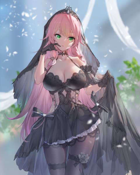 Anime-Bild 2000x2500 mit original swd3e2 single long hair tall image fringe highres breasts light erotic large breasts standing green eyes looking away pink hair cleavage blunt bangs head tilt blurry short sleeves finger to mouth