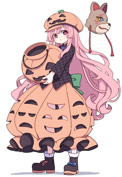 Anime picture 2480x3602 with touhou hata no kokoro kame (kamepan44231) single long hair tall image highres simple background standing white background holding pink hair full body pink eyes halloween girl hat jack-o'-lantern cabbie hat