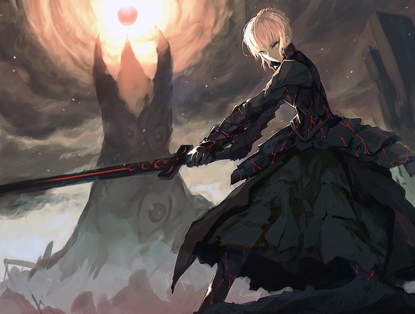 Anime picture 1320x1000 with fate (series) fate/grand order fate/stay night artoria pendragon (all) saber saber alter zen33n single looking at viewer fringe short hair light erotic blonde hair hair between eyes standing holding yellow eyes cloud (clouds) spread legs serious