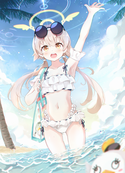 Anime picture 2700x3740 with blue archive hifumi (blue archive) peroro (blue archive) hifumi (swimsuit) (blue archive) i-tsd single long hair tall image fringe highres open mouth blonde hair hair between eyes twintails yellow eyes sky cloud (clouds) :d arm up partially submerged