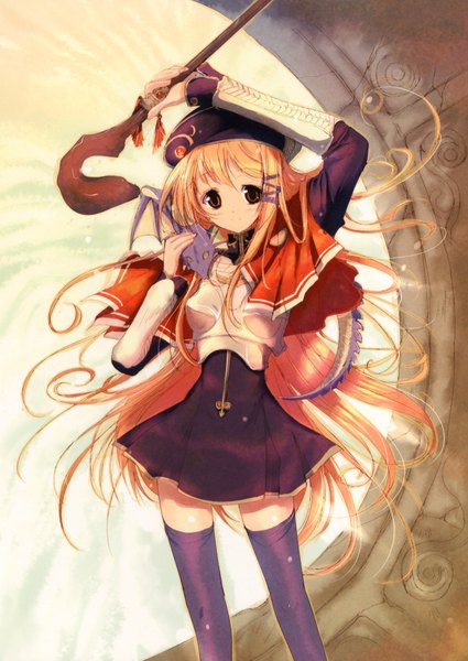 Anime picture 3171x4479 with ozaki hiroki single long hair tall image looking at viewer highres blonde hair smile red eyes absurdres girl thighhighs hair ornament black thighhighs hat hairclip staff dragon