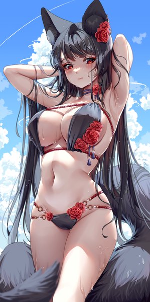 Anime picture 2500x5010 with original bara (tacco) tacco (tikeworld) single long hair tall image looking at viewer blush fringe highres breasts light erotic black hair red eyes large breasts standing animal ears sky cloud (clouds) outdoors