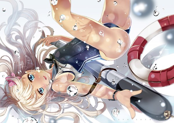 Anime picture 1500x1060 with kantai collection ro-500 submarine xephonia single long hair looking at viewer blush blue eyes light erotic blonde hair hair flower watermark tan girl hair ornament flower (flowers) swimsuit water one-piece swimsuit school swimsuit