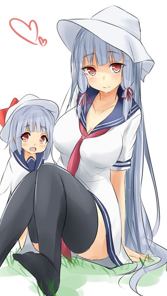 Anime picture 1000x1774 with kantai collection murakumo destroyer saku (kudrove) single long hair tall image looking at viewer blush fringe breasts open mouth smile white background sitting cleavage head tilt pink eyes grey hair arm support midriff
