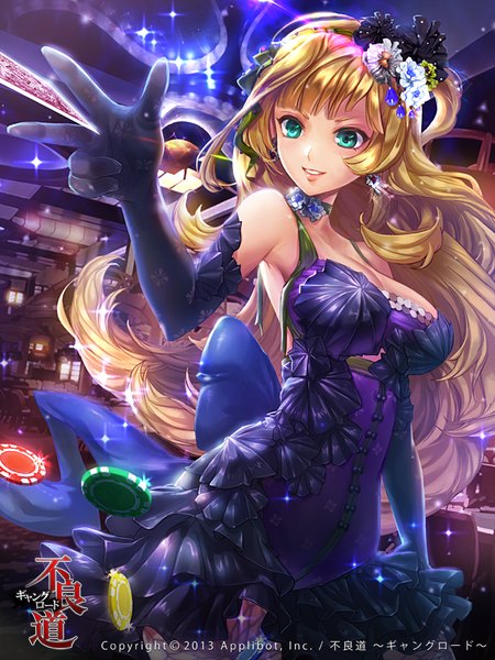 Anime picture 720x960 with furyou michi ~gang road~ wooju single long hair tall image blue eyes blonde hair smile hair flower girl dress gloves hair ornament flower (flowers) earrings black gloves elbow gloves card (cards)
