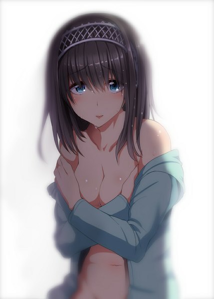 Anime picture 715x1000 with idolmaster idolmaster cinderella girls sagisawa fumika nohito single long hair tall image looking at viewer blush fringe breasts blue eyes light erotic black hair simple background smile standing white background bare shoulders bare belly