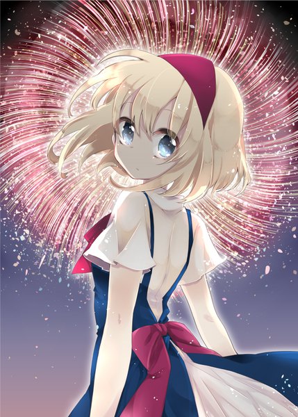Anime picture 715x1000 with touhou alice margatroid oinari (tensaizoku) single tall image looking at viewer fringe short hair blue eyes blonde hair hair between eyes upper body outdoors looking back short sleeves shaded face fireworks girl hairband