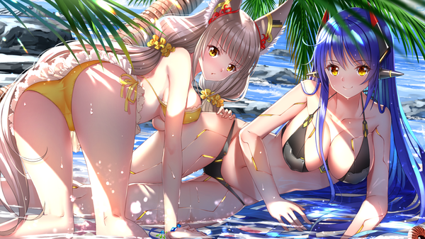 Anime picture 1920x1080 with xenoblade xenoblade 2 nia (xenoblade) nia (blade) (xenoblade) poppi (xenoblade) swordsouls looking at viewer blush fringe highres breasts light erotic smile wide image large breasts twintails bare shoulders multiple girls animal ears yellow eyes