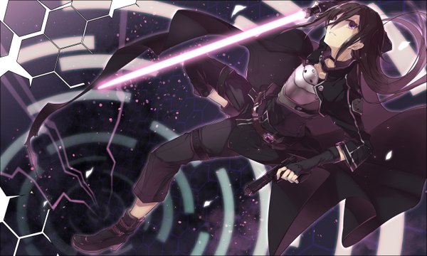 Anime picture 1400x840 with sword art online a-1 pictures kirigaya kazuto teigi single long hair fringe black hair wide image purple eyes holding bent knee (knees) glowing dual wielding glow glowing weapon boy gloves weapon sword