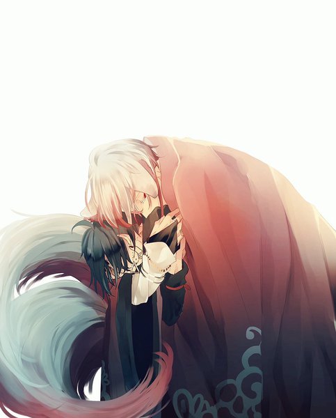 Anime picture 824x1024 with original no. 06 (zabeo) kwu zabeo0125 tall image short hair black hair simple background white background animal ears white hair tail eyes closed nail polish animal tail profile multicolored hair two-tone hair multiple boys leaning