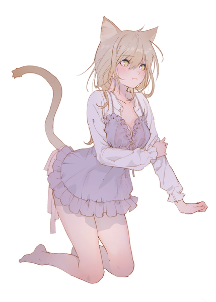 Anime picture 2591x3624 with original arutera single long hair tall image blush fringe highres breasts simple background blonde hair hair between eyes white background animal ears yellow eyes cleavage full body tail long sleeves animal tail