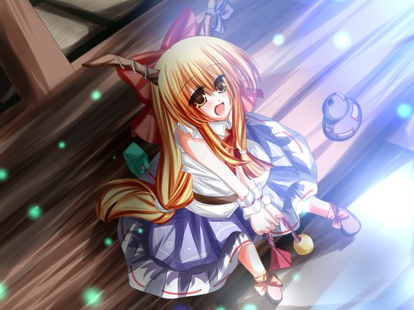 Anime picture 1600x1200 with touhou ibuki suika tabuchisan single long hair blush open mouth yellow eyes horn (horns) orange hair girl bow hair bow wrist cuffs fireflies