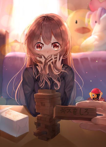 Anime picture 2300x3182 with original refile long hair tall image looking at viewer blush fringe highres hair between eyes red eyes brown hair holding payot upper body indoors long sleeves fingernails sunlight blurry inscription