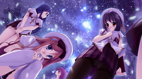 Anime picture 1750x976 with eternita forgotten melody caidychen highres blue eyes black hair blonde hair wide image multiple girls blue hair sky girl hat star (stars) 5 girls