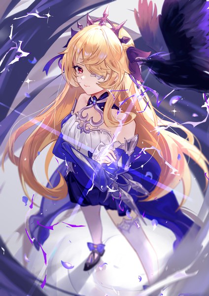 Anime picture 1767x2500 with genshin impact fischl (genshin impact) oz (genshin impact) fischl (ein immernachtstraum) (genshin impact) vardan single long hair tall image fringe highres blonde hair red eyes standing from above hair over one eye official alternate costume crossed arms electricity girl animal