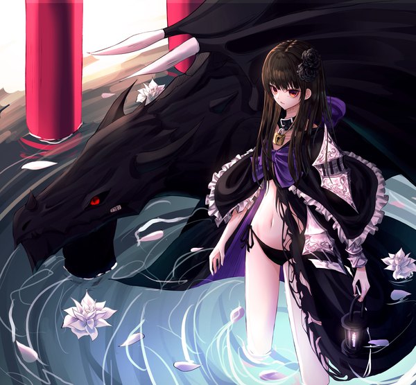 Anime-Bild 4310x4000 mit original domi (hyaku8795) single long hair fringe highres light erotic simple background hair between eyes brown hair standing purple eyes holding looking away absurdres blunt bangs hair flower partially submerged fantasy multicolored eyes