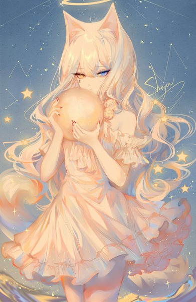 Anime picture 1305x2000 with original sheya single long hair tall image looking at viewer fringe blue eyes hair between eyes standing bare shoulders holding signed animal ears yellow eyes payot silver hair nail polish fingernails cat ears