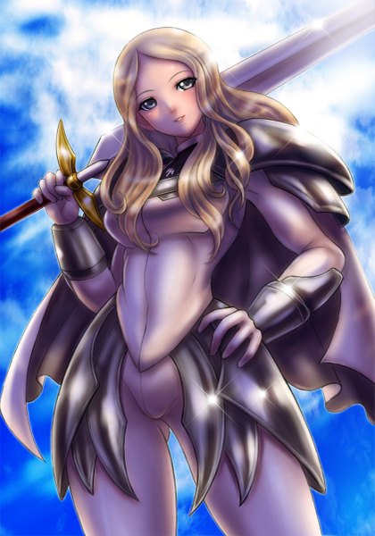 Anime picture 841x1200 with claymore madhouse teresa boken fantasy single long hair tall image blonde hair smile looking away sky cloud (clouds) from below hand on hip wavy hair silver eyes glow weapon over shoulder girl weapon