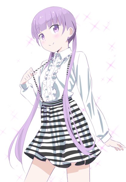 Anime picture 1418x2048 with new game! doga kobo suzukaze aoba pink x single long hair tall image looking at viewer fringe simple background smile white background purple eyes twintails purple hair long sleeves striped girl skirt frills