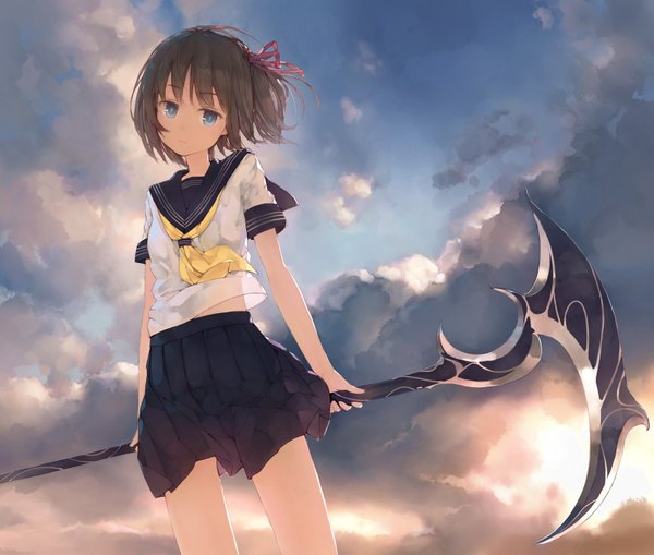 Anime picture 846x718 with original adachi jun single looking at viewer fringe short hair blue eyes brown hair standing holding sky cloud (clouds) pleated skirt wind girl skirt uniform ribbon (ribbons) weapon hair ribbon