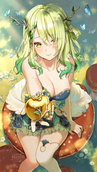 Anime picture 1000x1763 with virtual youtuber hololive hololive english ceres fauna ceres fauna (1st costume) rosuuri single long hair tall image looking at viewer blush fringe breasts light erotic smile large breasts bare shoulders holding signed yellow eyes