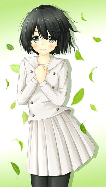 Anime picture 571x1000 with kokoro ga sakebitagatterunda. a-1 pictures naruse jun tear yu single tall image looking at viewer blush fringe short hair black hair simple background smile standing grey eyes girl skirt leaf (leaves) clothes