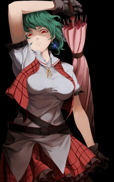 Anime picture 1000x1600 with touhou kazami yuuka asutora single tall image looking at viewer short hair breasts simple background red eyes large breasts holding arm up green hair puffy sleeves floating hair glowing black background plaid skirt eyebrows