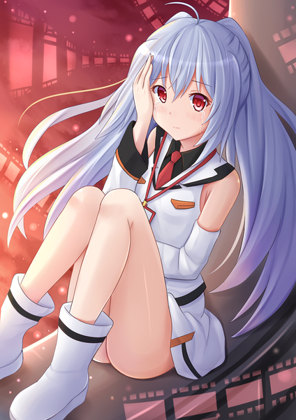 Anime picture 945x1337 with plastic memories isla (plastic memories) kazenokaze single long hair tall image blush light erotic red eyes sitting white hair tears revision girl detached sleeves boots