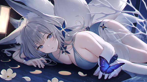 Anime picture 1440x810 with azur lane shinano (azur lane) shinano (light of the hazy moon) (azur lane) tokki single long hair looking at viewer blush breasts blue eyes light erotic wide image large breasts signed animal ears tail animal tail grey hair fox ears fox tail