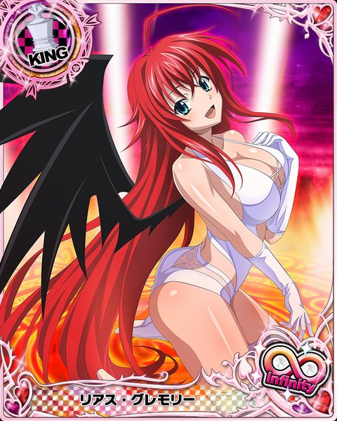 Anime picture 640x800 with highschool dxd rias gremory single tall image breasts open mouth blue eyes light erotic large breasts red hair very long hair card (medium) girl thighhighs gloves white thighhighs wings white gloves