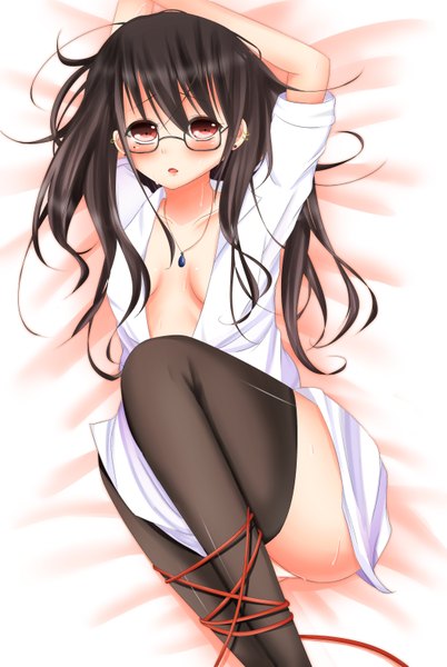 Anime picture 1052x1568 with original yue (id4220878) long hair tall image blush breasts open mouth light erotic black hair red eyes open clothes open shirt bondage girl thighhighs black thighhighs glasses