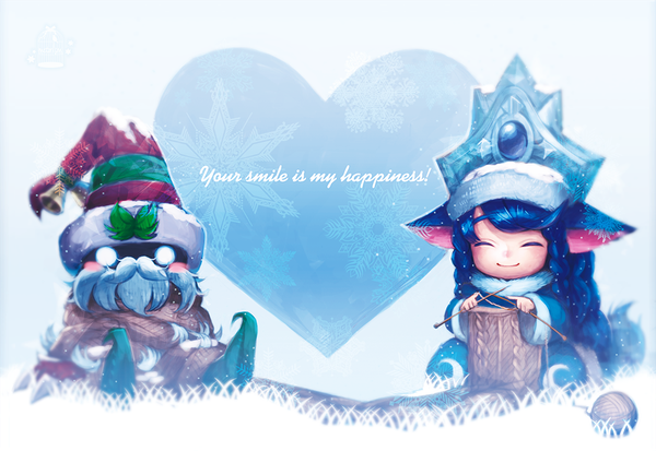 Anime picture 1000x689 with league of legends lulu (league of legends) veigar (league of legends) bibico looking at viewer blush smile animal ears blue hair eyes closed very long hair christmas merry christmas blank eyes girl boy hat beard mustache