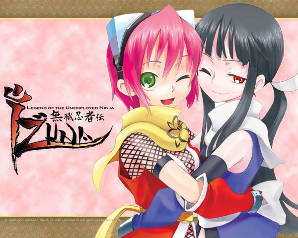 Anime picture 1280x1024 with gouma reifuden izuna izuna (gouma reifuden izuna) shino (gouma reifuden izuna) yoshida on long hair looking at viewer short hair open mouth black hair red eyes multiple girls green eyes pink hair upper body ponytail one eye closed wink copyright name hug ;d